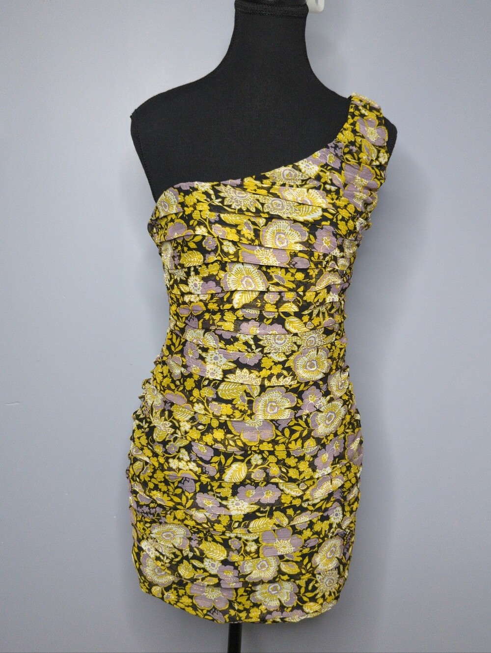 NWT ZARA One-Shoulder Floral Ruched Metallic Mini Dress - Size M